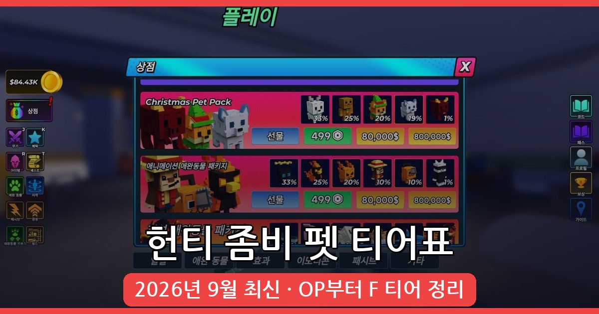 헌티 좀비 펫 티어표 완벽 정리 (2026년 9월 최신)
