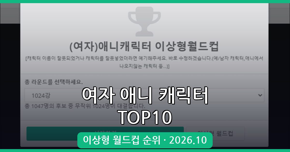 2026년 10월 최신 여자 애니 캐릭터 이상형 월드컵 순위 총정리